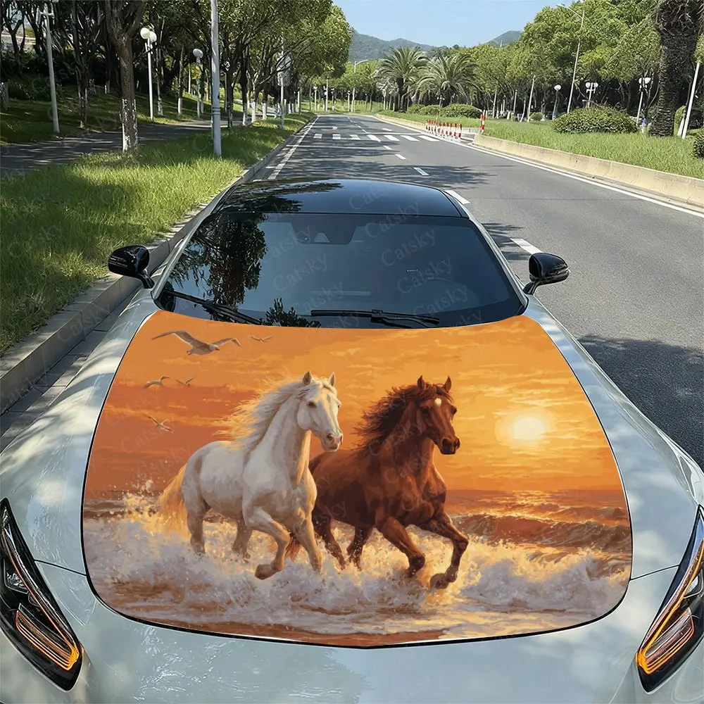 Horses Under The Sunset Car Hood Vinyl Wrap Sticker - Waterproof Self-Adhesive Decal, Universal Car Surface Protection Cover, En
