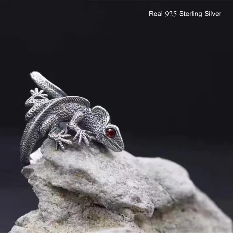 S925 Sterling Silver Male Ring Finger Elegant Lizard Open Ring for Men Fashion Unique Animal Punk Fine Jewelry Circle Gift