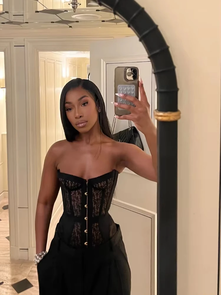 

Прозрачный кружевной корсет, жилет, модный женский черный ажурный топ без бретелек, шикарный вечерний топ, женские уличные жилеты, осень 2026, новинка