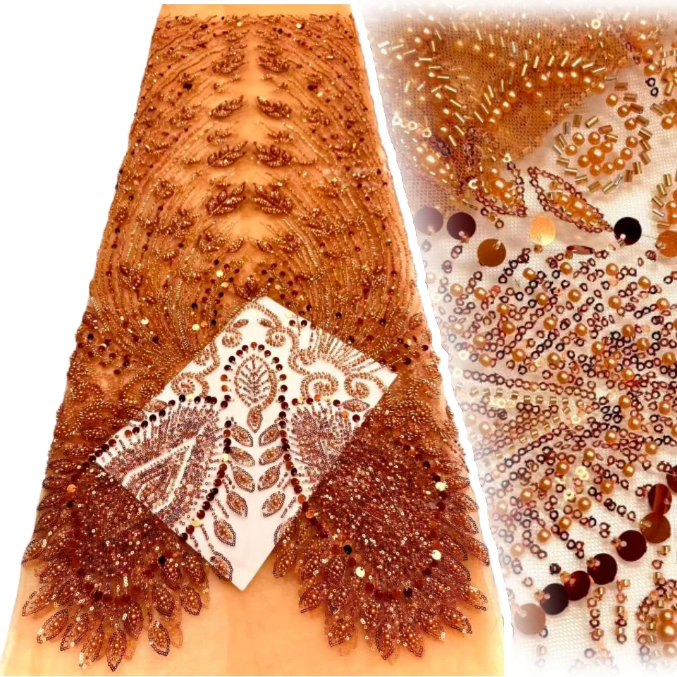 

Gold Nigeria Tulle Lace African Lace Fabric with Beads Sequins 2025 High Quality Nigerian Mesh Net Lace Fabric for Dress CC1790