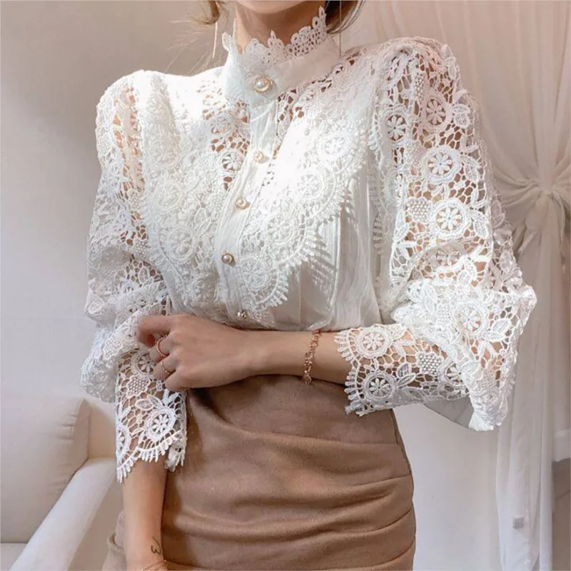 Elegant Women\'s Stand Collar Hollow Out Lace Patchwork Long Sleeve Shirt Top Autumn Fashion Solid Button Casual Blouses Female