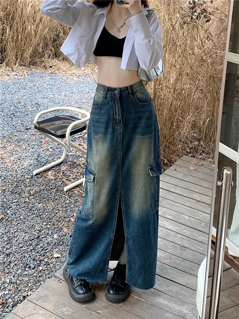 Vintage Women's Denim A-line Long Skirts Y2k Girls Korean Style Elegant Harajuku  Skirt 2023 Summer 90s Clothes