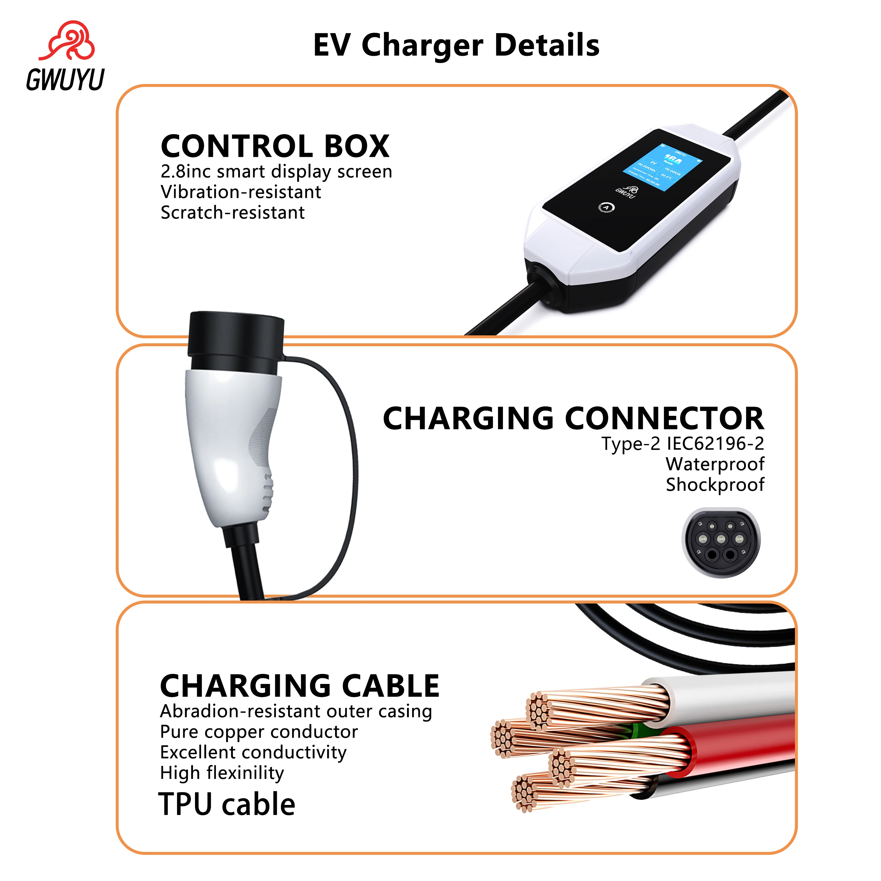 GWUYU EV Portable Charger Type2 Plug IEC62196-2 Current Adjustable 3.5KW with 5m Charging Cable LED Screen for Electric Car