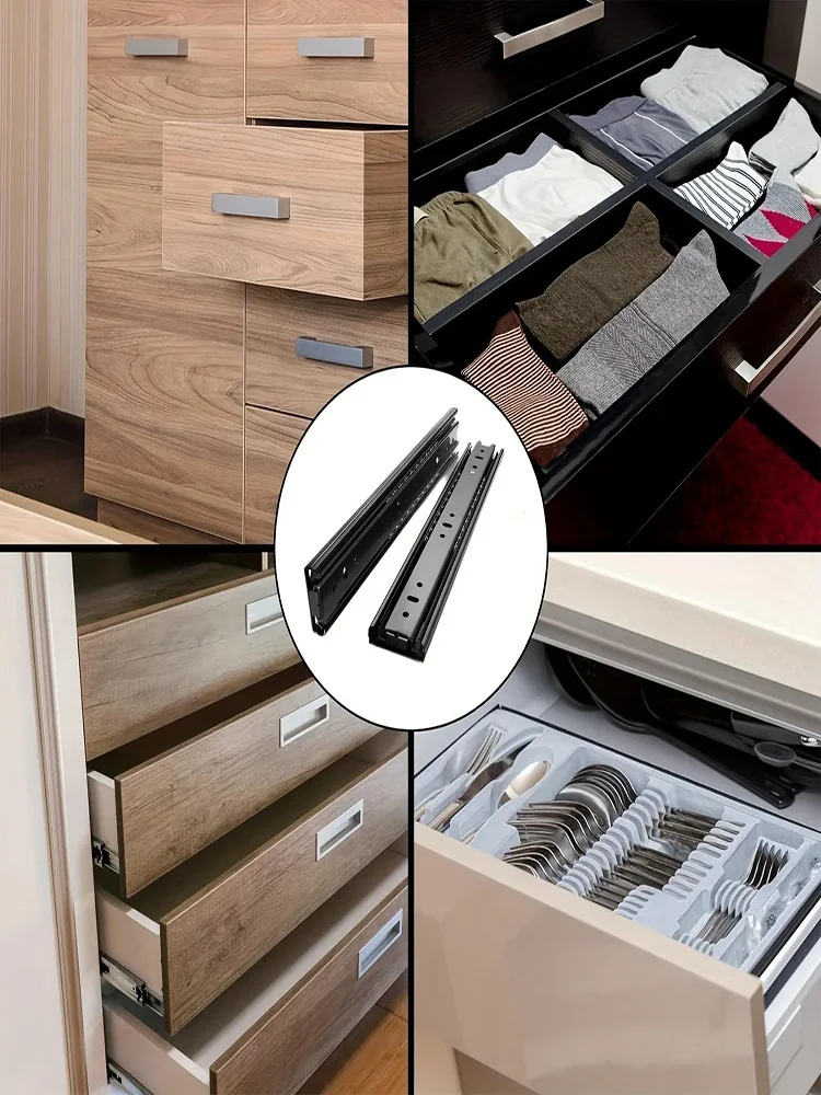 Rail de tiroir en acier noir à roulement à froid, tiroirs à 3 voies coulissants à trois sections, 8 à 22 pouces, rails coulissants à 3 voies pour meubles