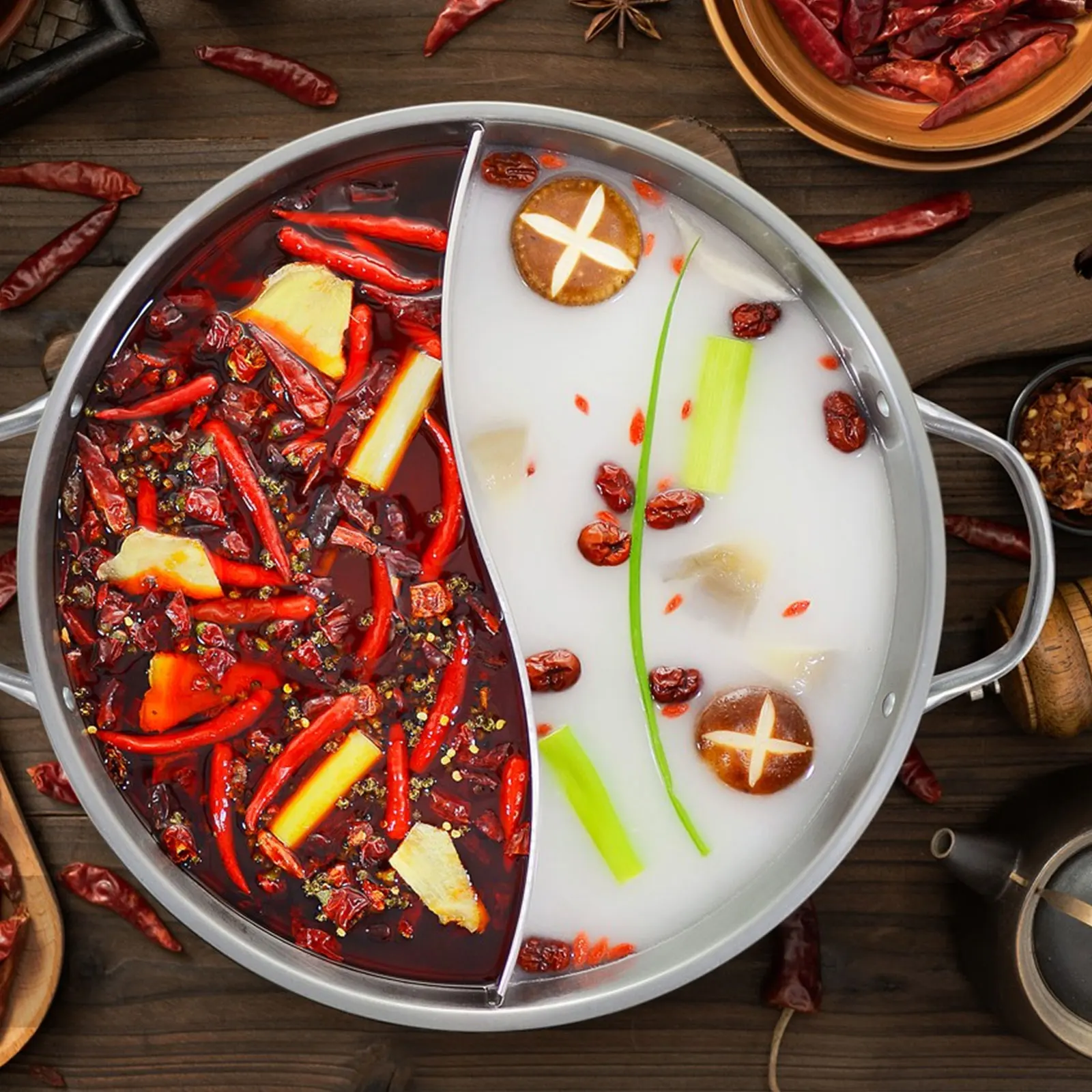 

Stainless Steel Hot 8L Large Capacity Divided Pan Dual Compartment For Family Gathering Kitchen Cooking Pot Stovetop Soup