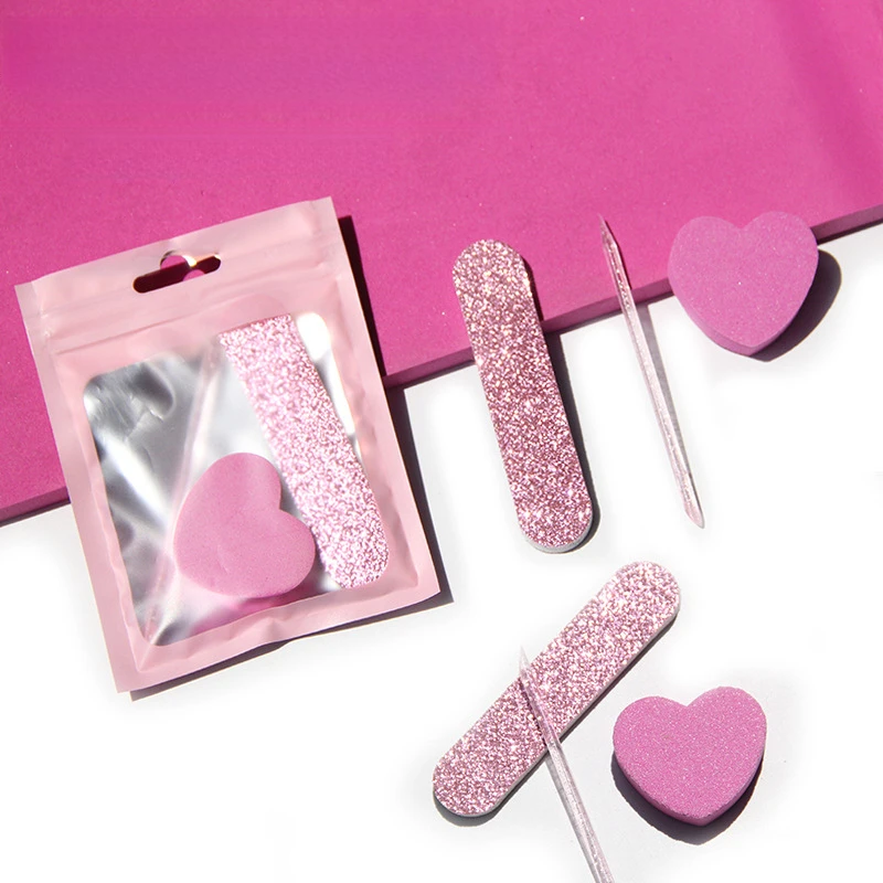 프레스온 네일 도구 세트 4개 - 크리스탈 파일, 하트 스펀지, 글리터 버퍼