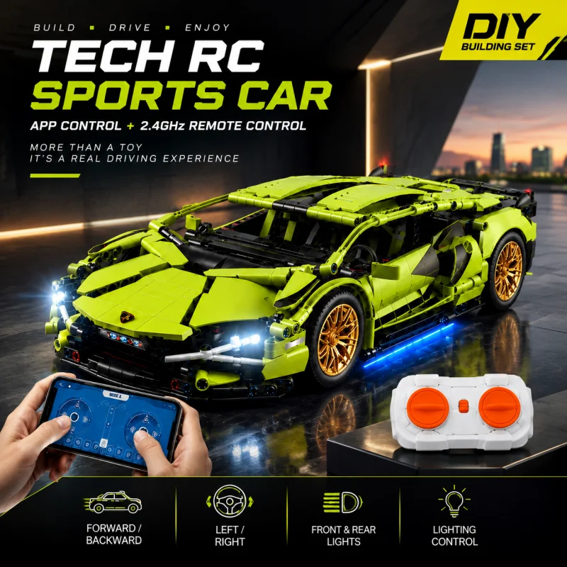 Hzralicth 1280PCS 1:14 Supercar Building Blocks Dynamic Model Car Remote Control Racing Vehicle with Lights Servo Motor Gift Toy