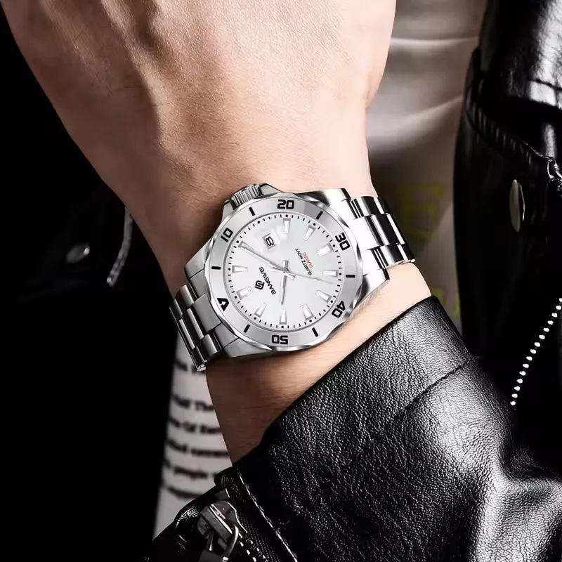 Часы мужские модные спортивные часы для мужчин круглые из нержавеющей стали водонепроницаемые сильные светящиеся календари мужские кварцевые наручные часы (без коробки)