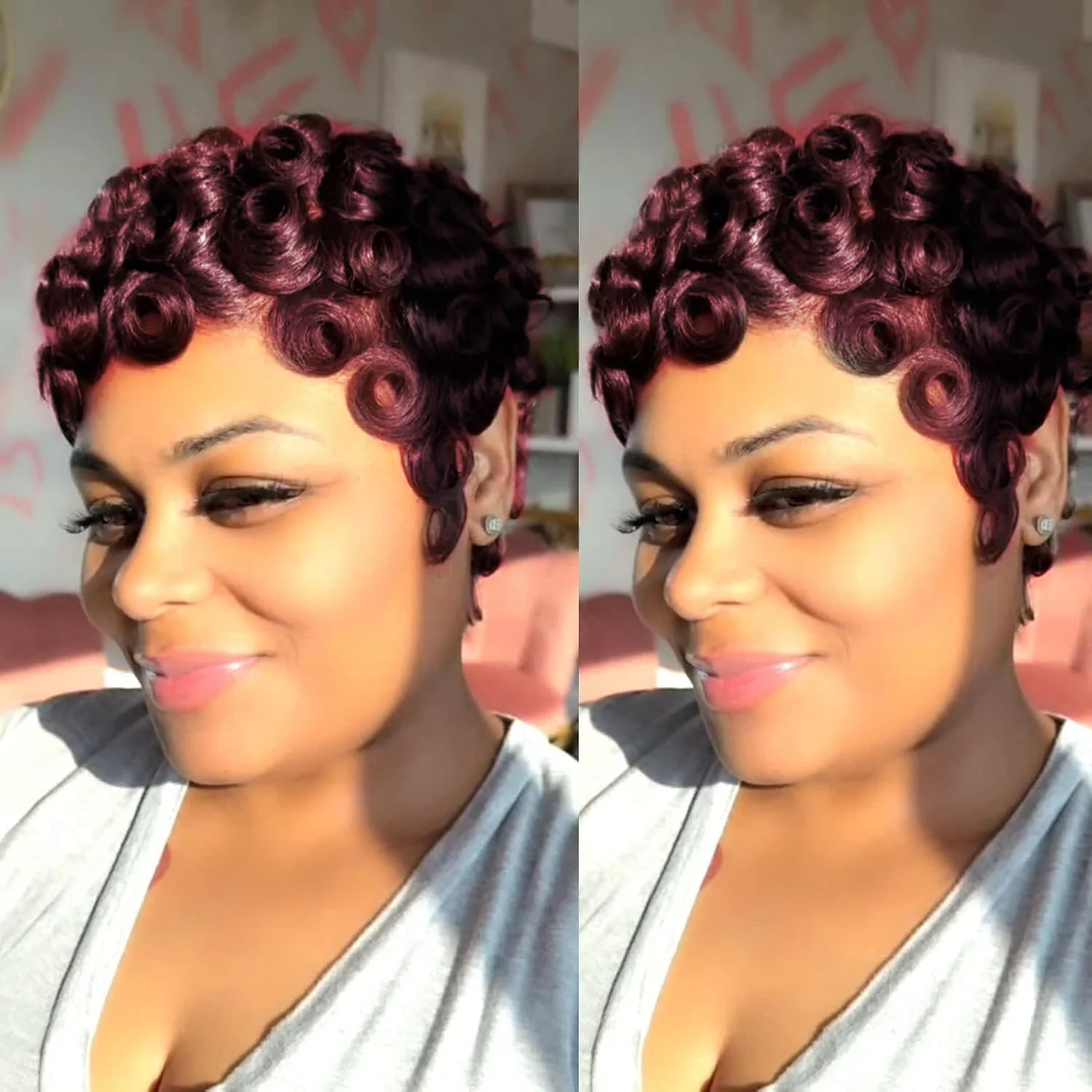 Pixie Cut Brazilian Human Hair Wig Layered Curly with Bangs For Women Natural Looking Full Machine Wig