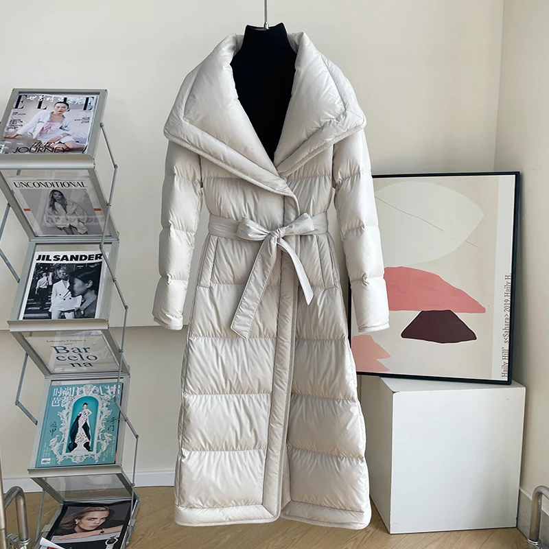 2023 New Fashion Women Coat 90% White Goose Down Long Lady Jacket With Belt Big Collar Thick Warm Luxury Outwear New Female Coat