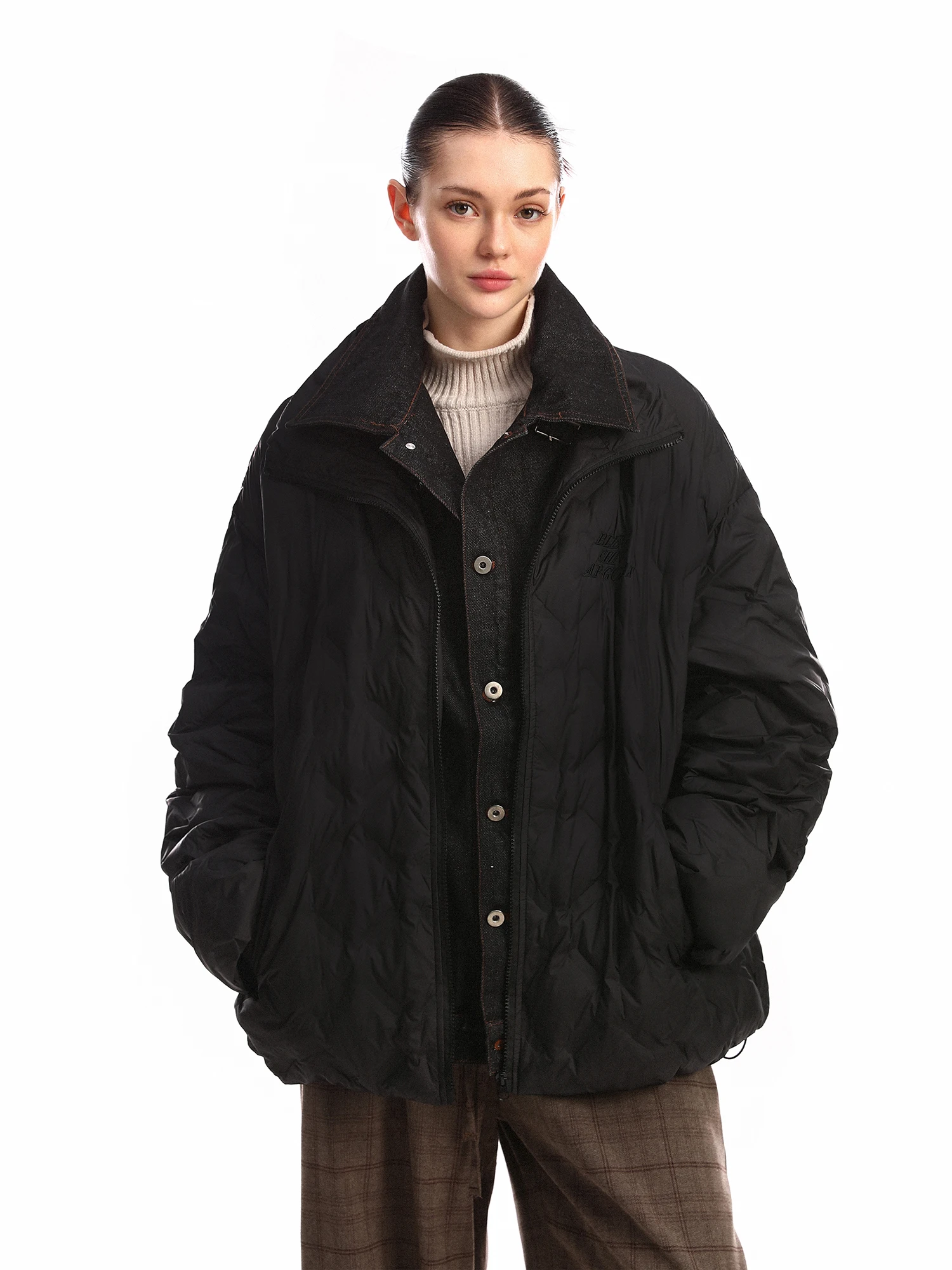 

Thiened White Du down Denim Patchwork Fake Two-Piece Women's Winter Warm Couple Cotton Jaet Retro Commute Sle Loose Fit