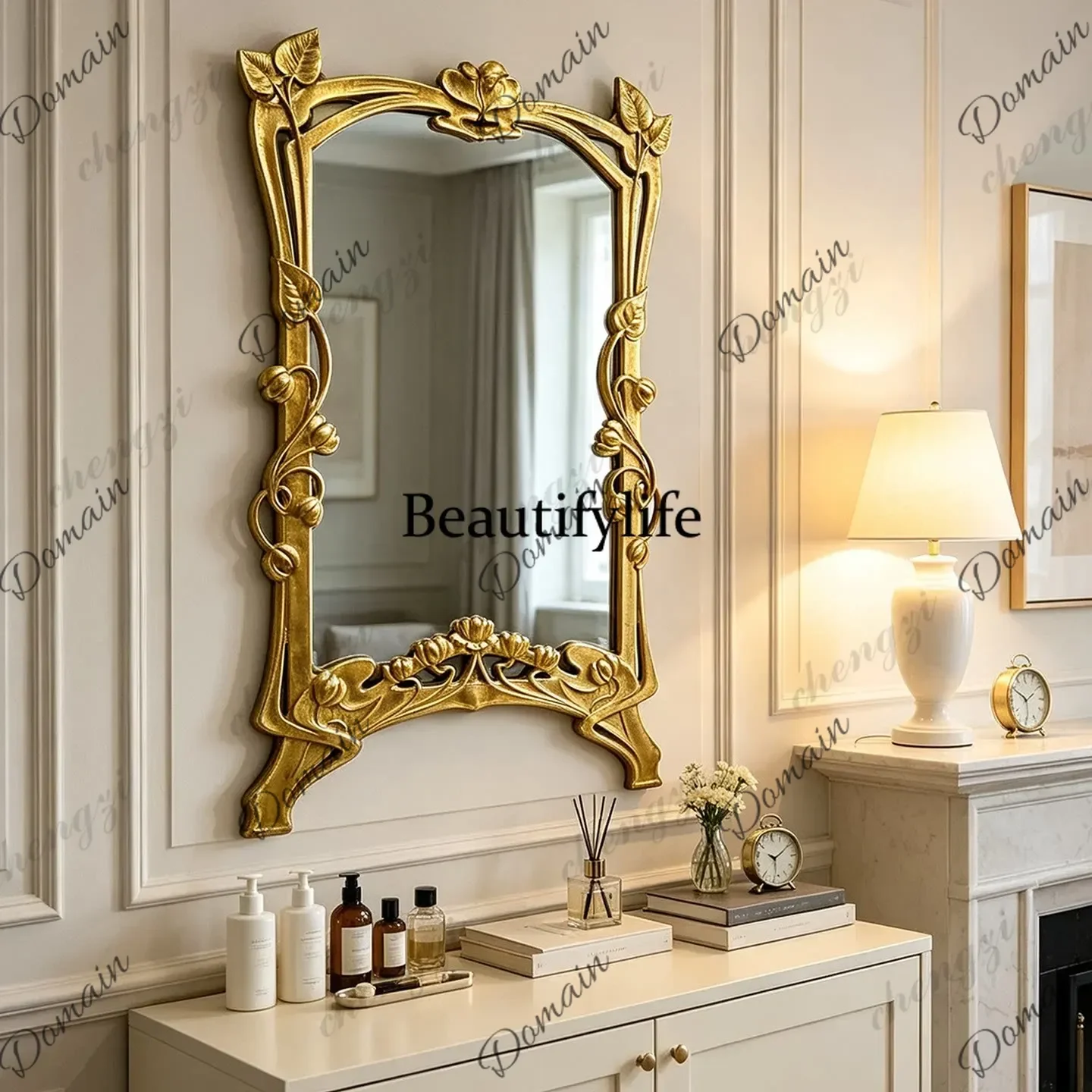 ISL French retro style porch decorative mirror American carved bedroom makeup mirror European bathroom bathroom mirror wall hang
