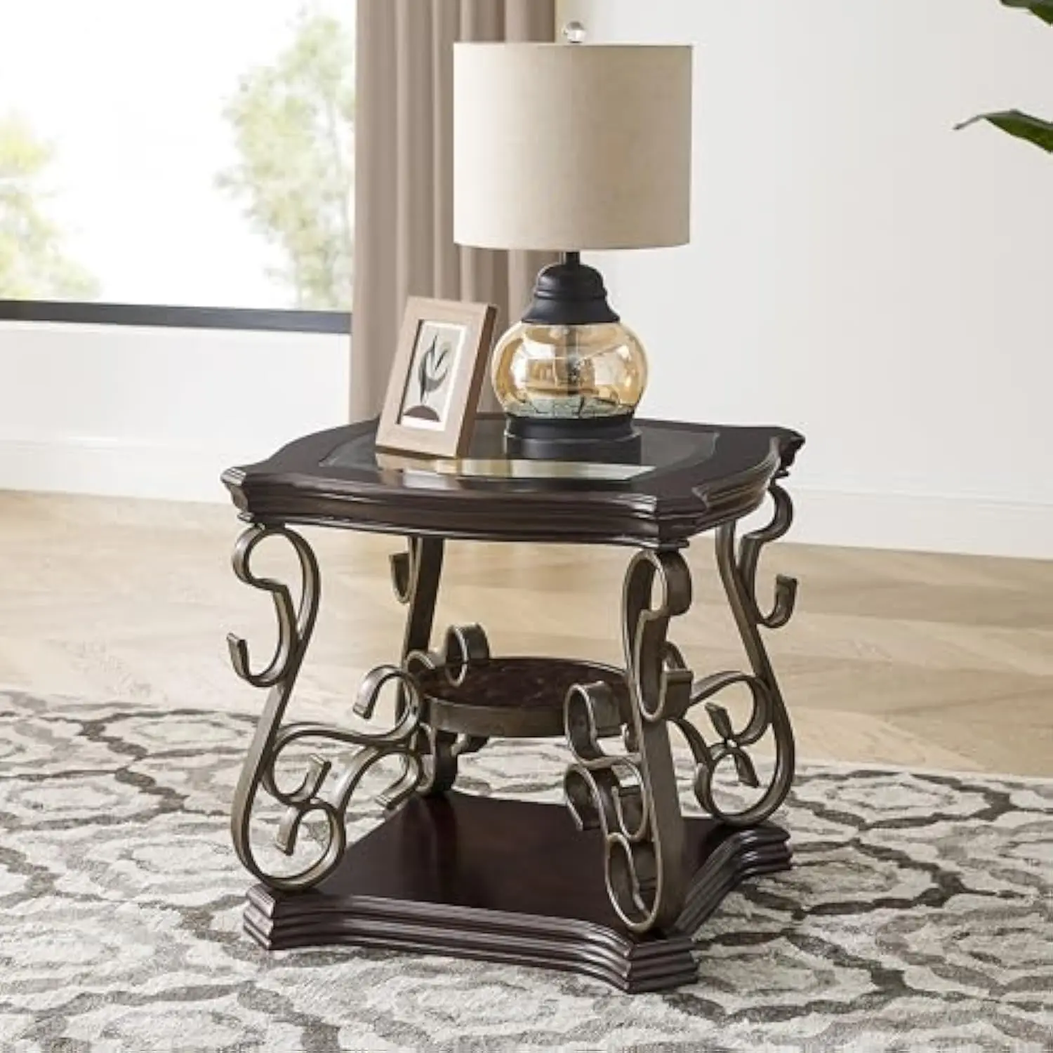 

26.3'' Dark Brown Retro Wooden End Coffee Table with Glass Top for Living Room Dining Room Bedroom Office(Brown)