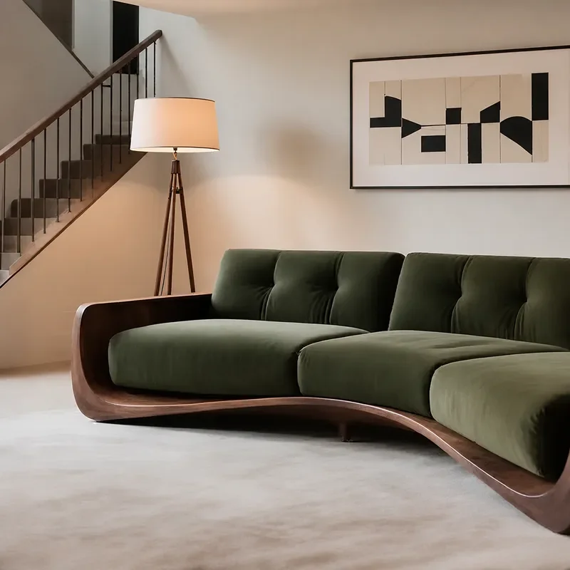 New Chinese Style Straight Green Cotton Linen Wooden Sofa Wave Design Living Room Furniture Customizable Advanced Sense