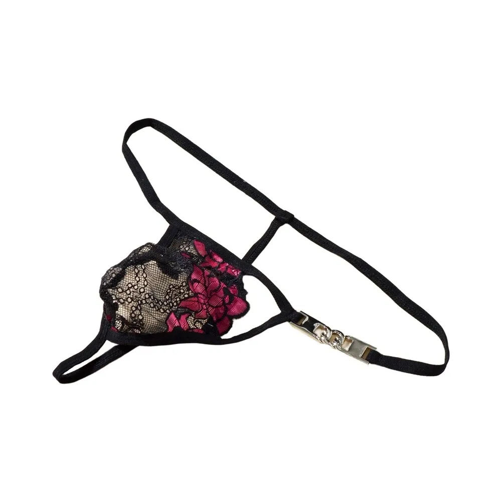 Men\'s Thong Underwear Featuring Floral Lace Trim See Through Mesh Bulge Pouch Support and Chain Waistband Accent