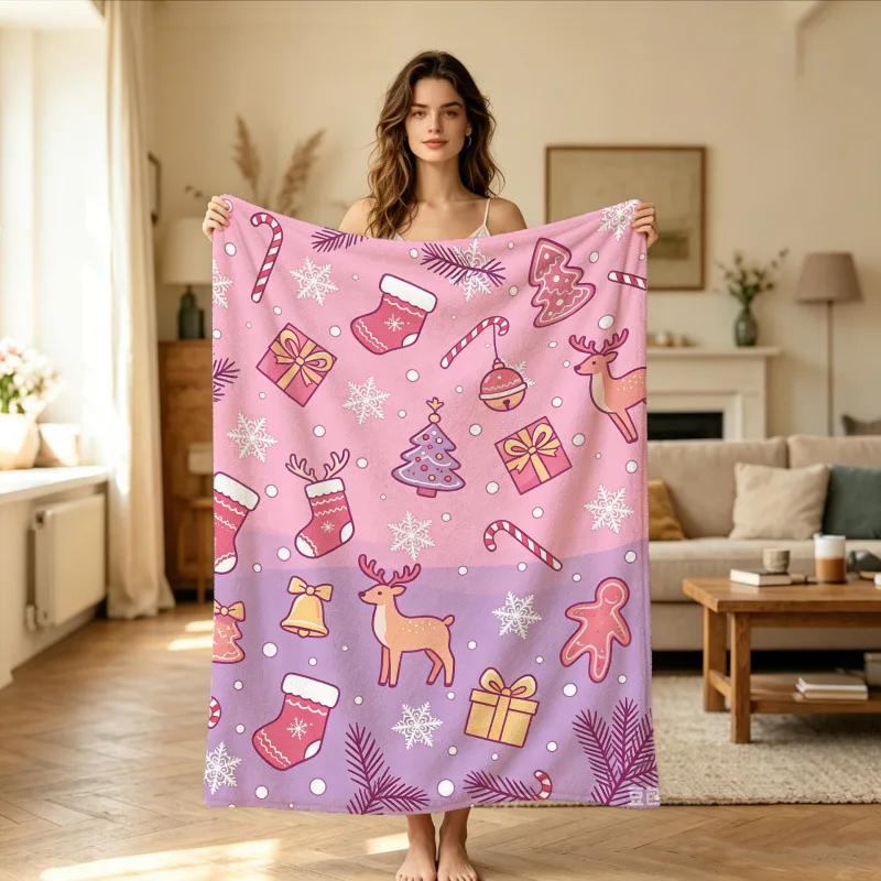 Pink Purple Gradient Christmas Elements Dreamy Fleece Blanket For Whimsical Holiday Decor Lightweight Plush Throw Blanket Cover
