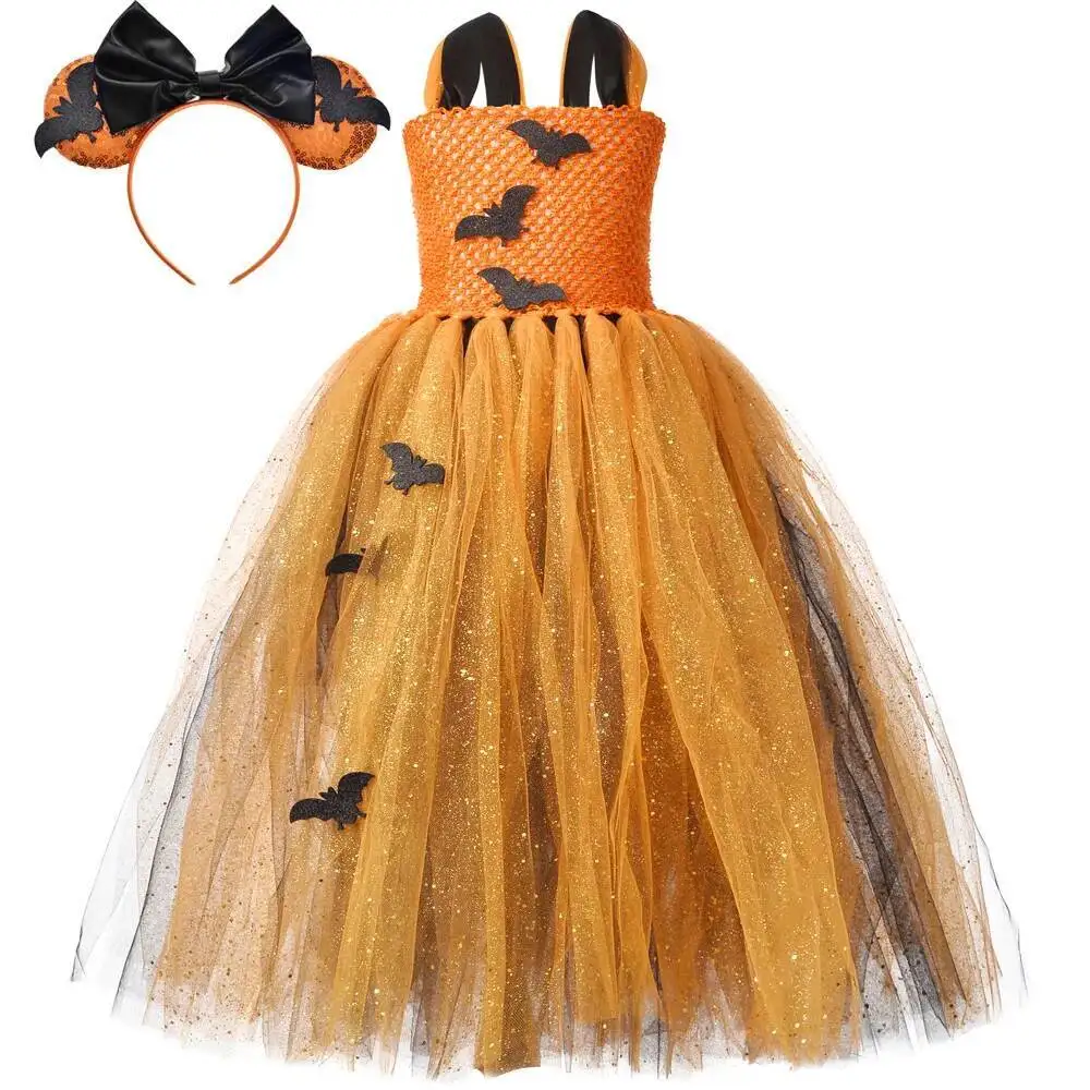 

Sparkly Vampire Bat Halloween Costumes for Girls Witch Long Tutu Dress Children Carnival Party Disguise Outfit Full Length Tutus