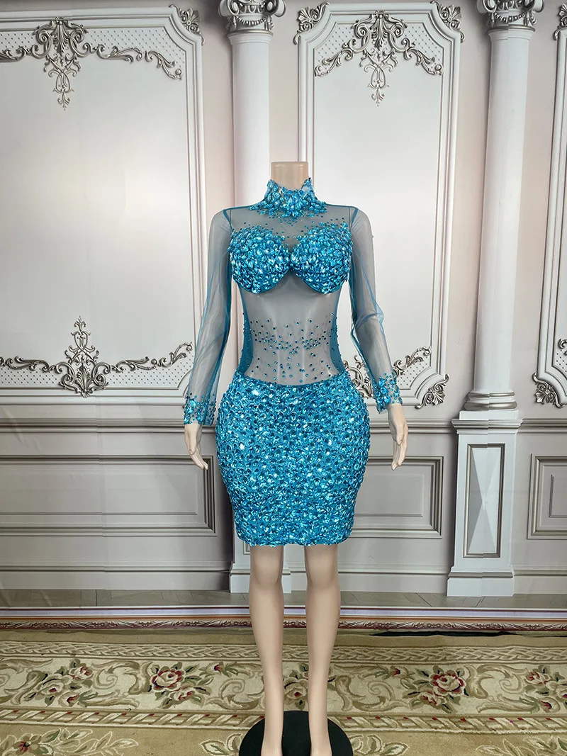 메쉬 힙 스커트 반짝이는 라인스톤 스티칭 기질 파티 여성 타이트 스커트 드레스 Vestidos Largos Elegantes Fiesta Mujer