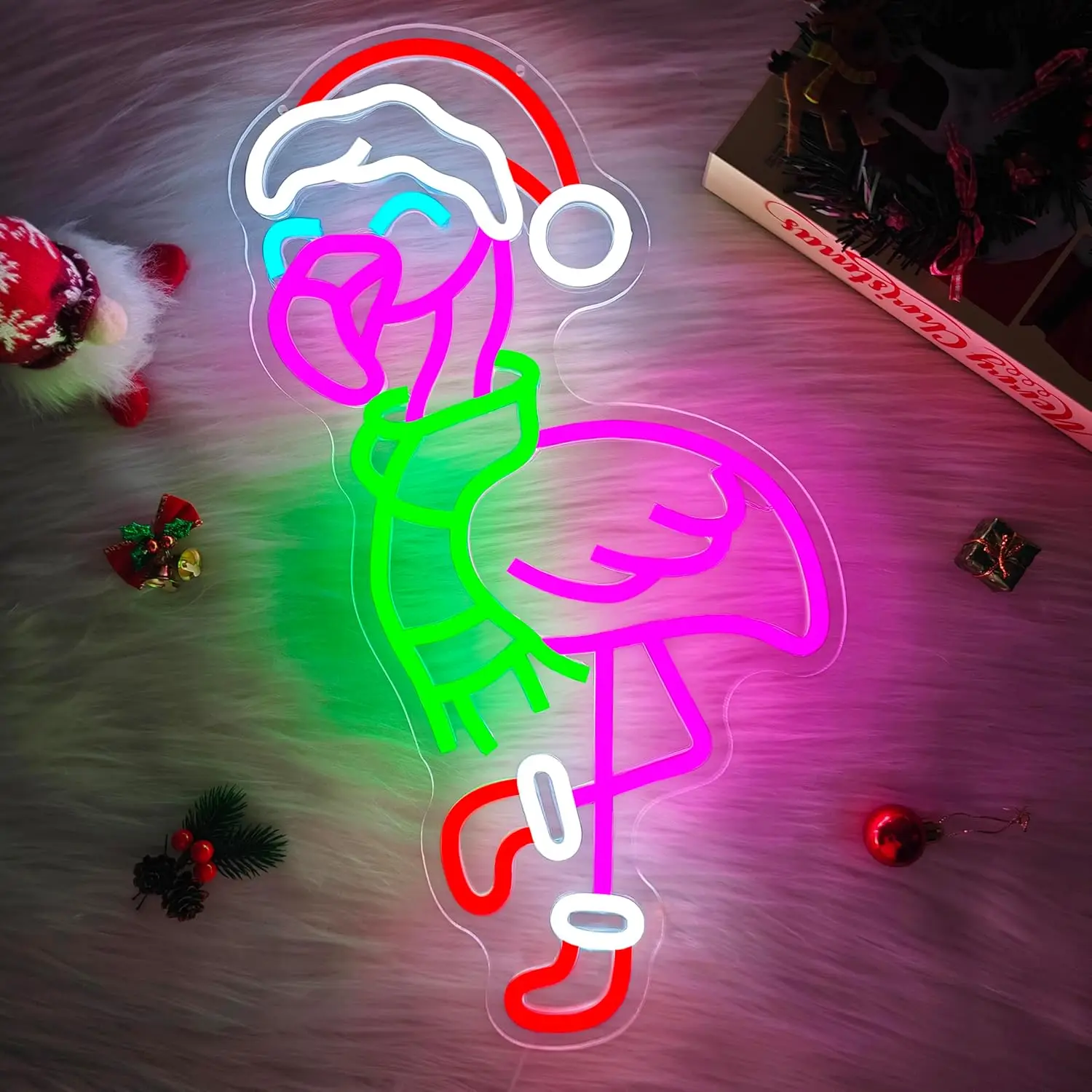 

Christmas Flamingo Neon Sign Led Sign Flamingos With Santa Hat & Scarf Neon Light Tropical Coastal Wall Art Decor