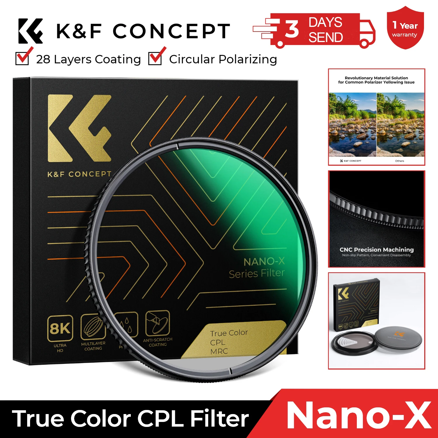 K&F Concept CPL Filter 28 Multi-Layer True Color Circular Polarizer Filter For Nikon Canon Camera Lenses 49mm-82mm Nano-X Series