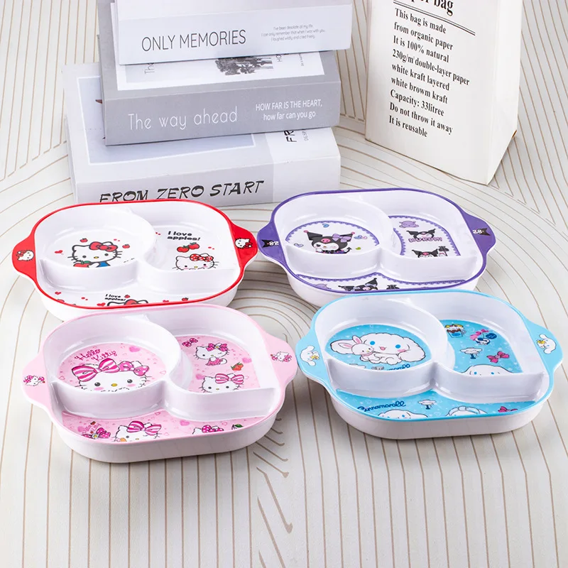 Cinnamoroll Pochacco 멜라민 칼 붙이 어린이 접시 귀여운 소녀 드롭 방지 3 그리드 접시 만화 애니메이션 주방 식기