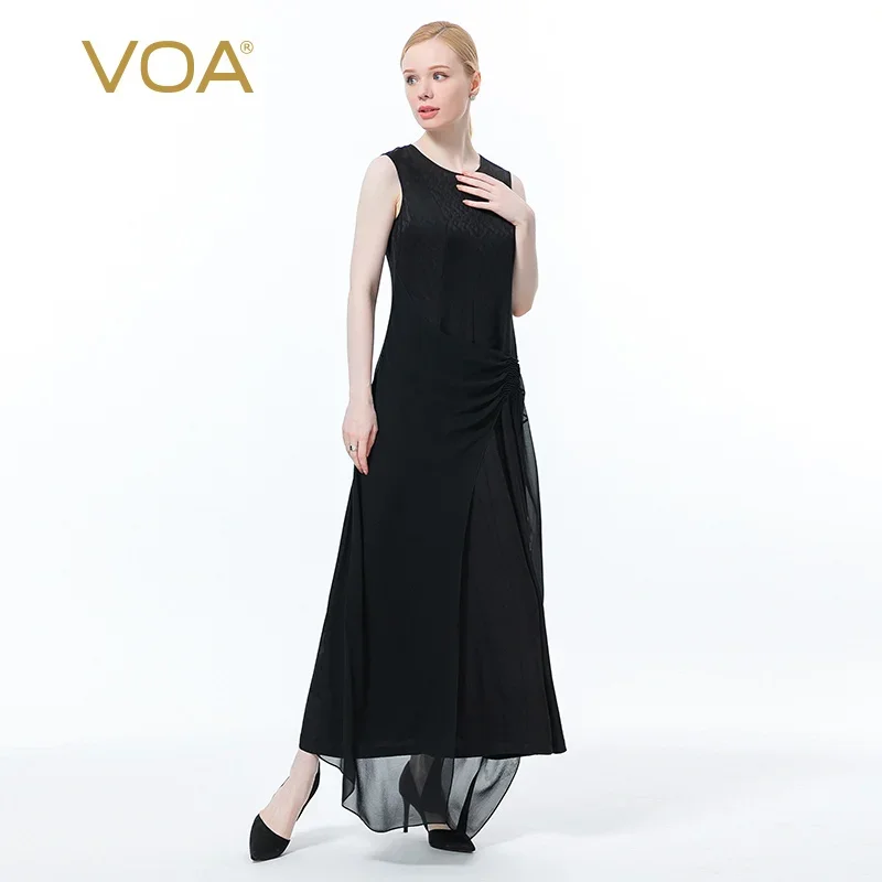 

VOA Silk Jacquard O-Neck Party Dresses Sleeveless Mysterious Black Georgette Three-dimensional Stitching Decorative Dress AE917