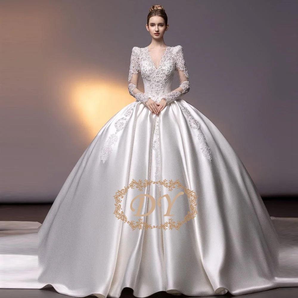 DY Maßgeschneidertes Satin-Hochzeitskleid mit langen Ärmeln, V-Ausschnitt, Pailletten und Perlenstickerei, luxuriöses Brautkleid, Vestidos de novia, novias