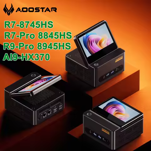 Aoostar G-FLIP AMD Ryzen AI9 HX370/R7 8745HS/R7 Pro 8845HS/R9 Pro 8945HS Mini PC Gaming Computer 5" Screen WIFI BT USB4 OCuLink