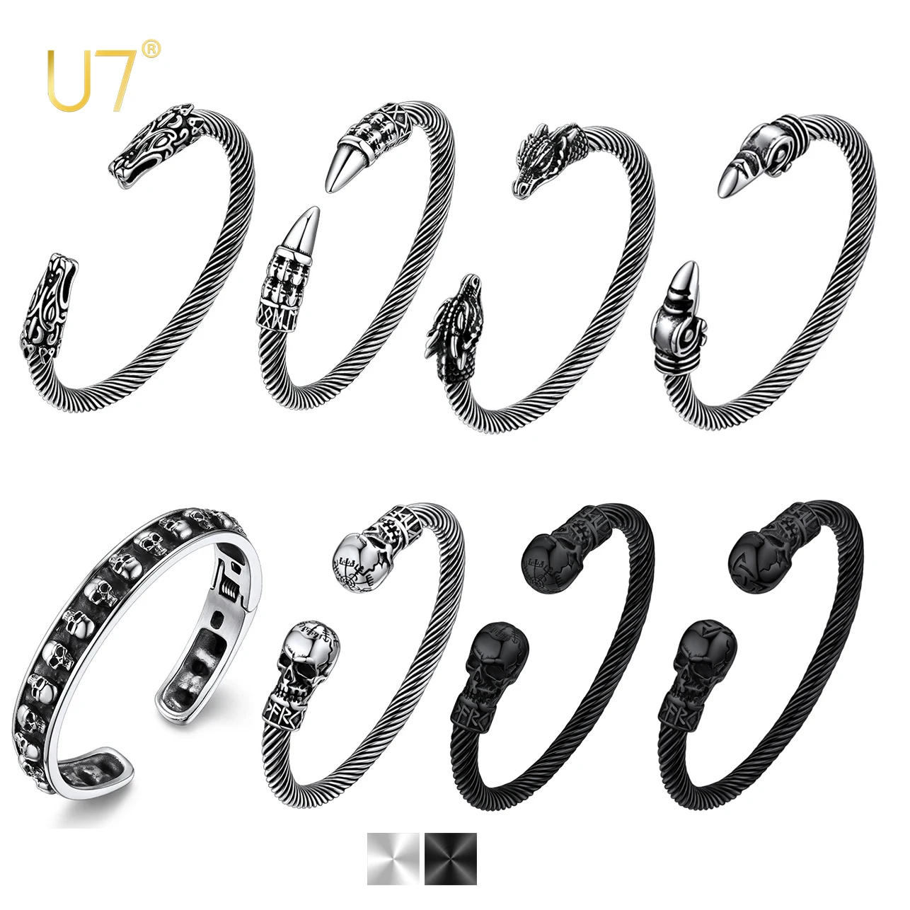 U7 Stainless Steel Twisted Cable Open Bangle Cuff for Men