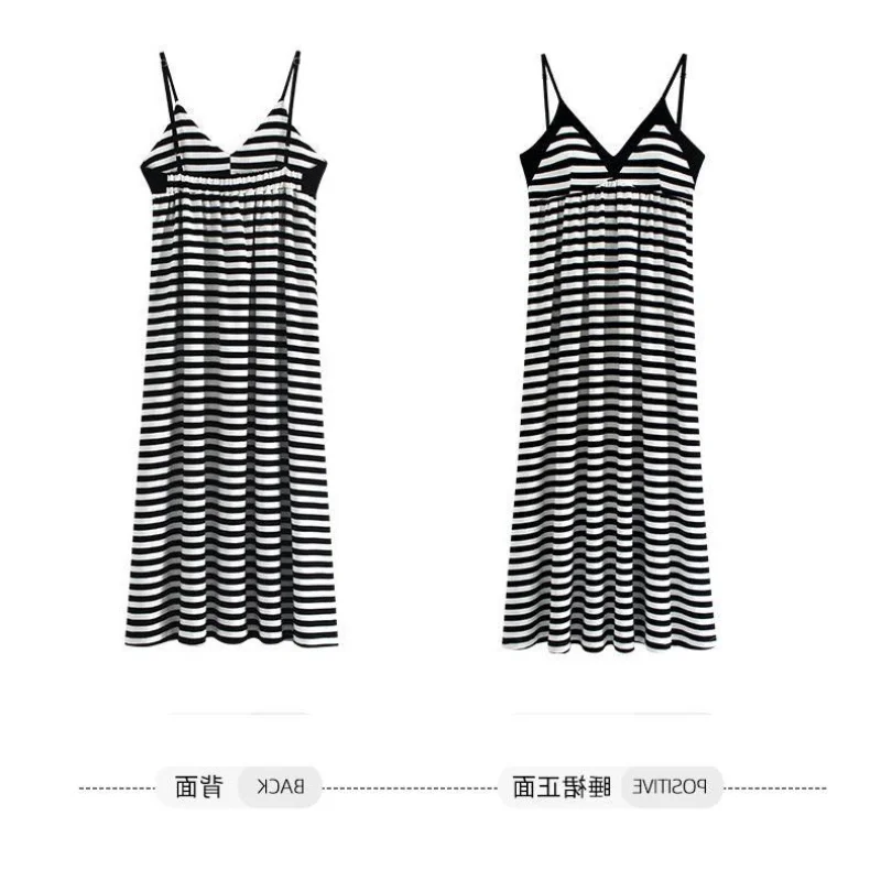 150kg Plus Size Striped Loose Maxi Dress 3XL Summer V-neck Sleeveless Nightgown Suspender Can Wear Outside Nightdress Homewear