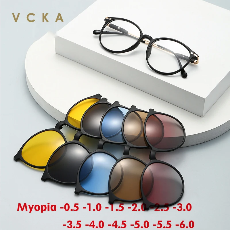 

VCKA 2024 Women Myopia Fashion Sunglasses Men Magnet Clip Optical Glasses Round Frame Custom Prescription Eyewear -0.50 to -10