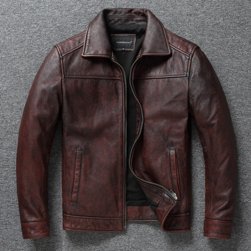

Retro Distressed Lapel First Layer Cowhide Leather Motorcycle Jacket Men's Slim Short Classic Men's Leather Jacket