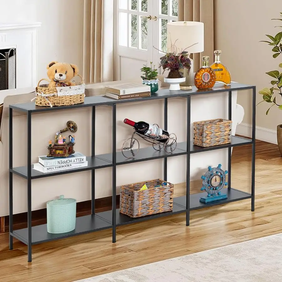 طاولة وحدة تحكم معدنية من 3 طبقات مقاس 55 بوصة مع 6 وحدات تخزين، وطاولة أريكة خلف الأريكة، ورف طويل ضيق مع مساحة تخزين للمدخل، Narr #4