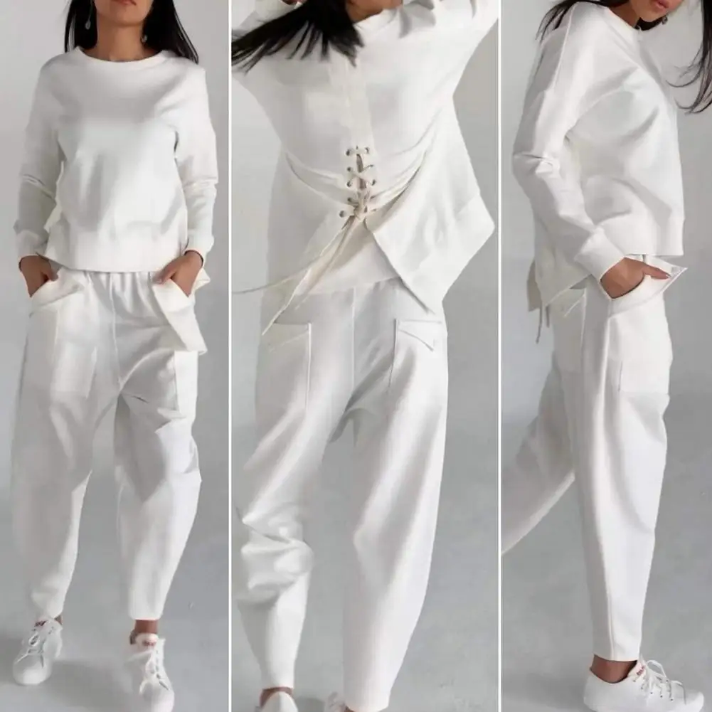 Lady Fitness Clothes Stylish Women\'s Top Pants Set with Long Sleeves O Neck T-shirt Elastic Waist Ankle-banded Trousers for Ol