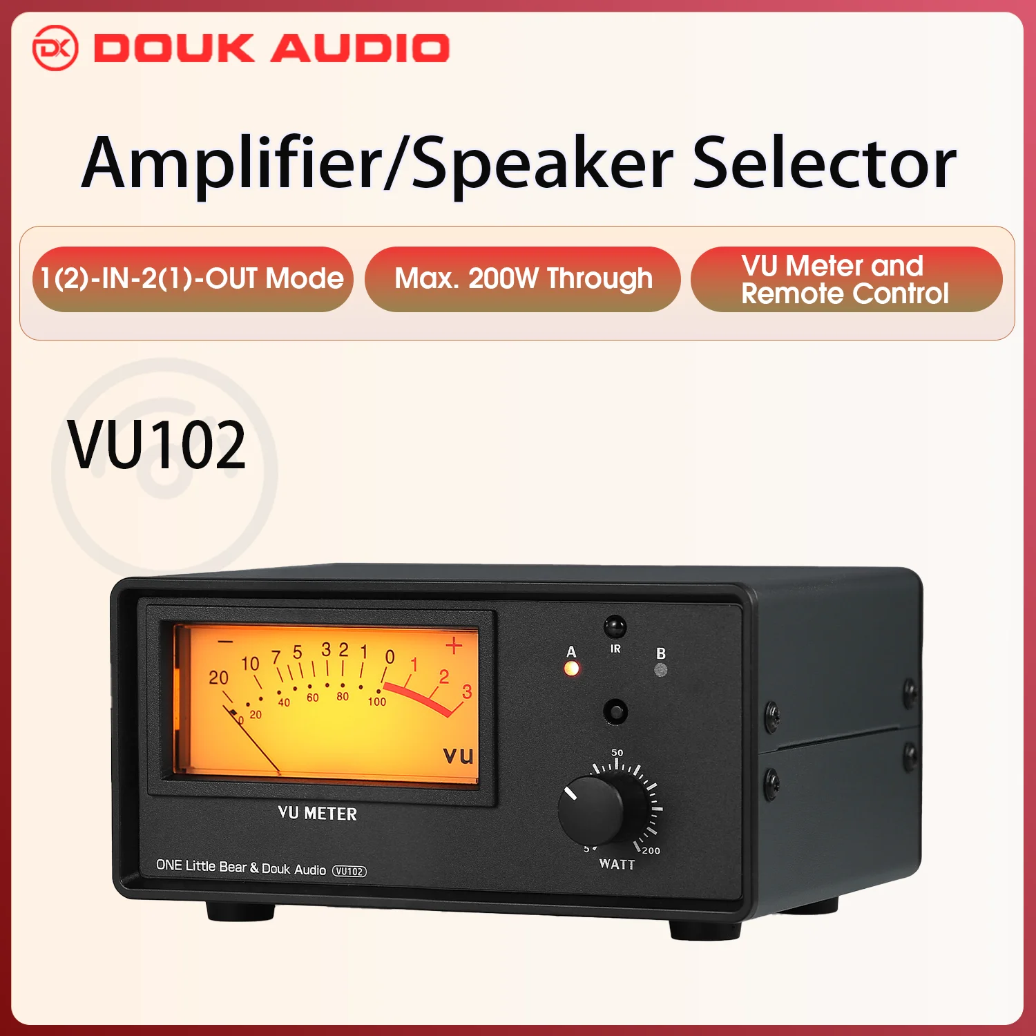 Douk Audio 1-IN-2-OUT Audio Switcher Box 2-IN-1-OUT Selecter for Amplifier / Speaker with IR Remote Control VU Meter