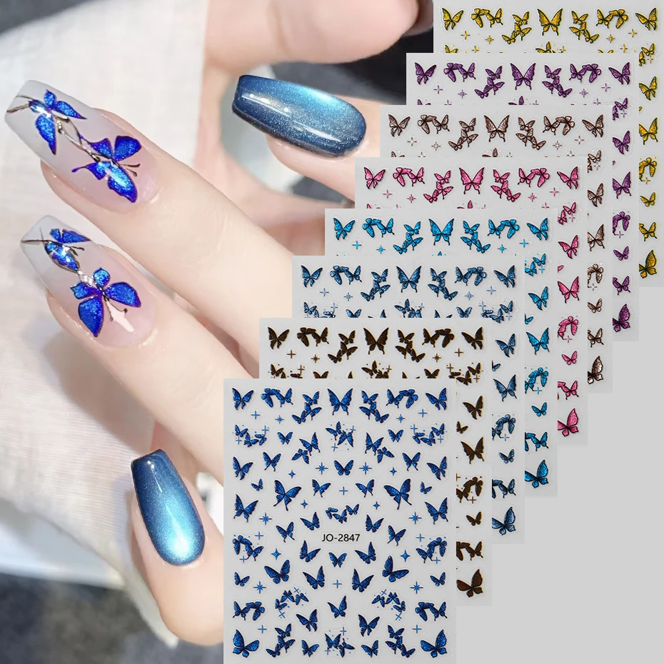 8 pcs 3D Shiny Butterfly Nail Sticker Multi-Color Butterfly Self-Adhesive Nail Art Design Cute Animals Nail Salon Decoration