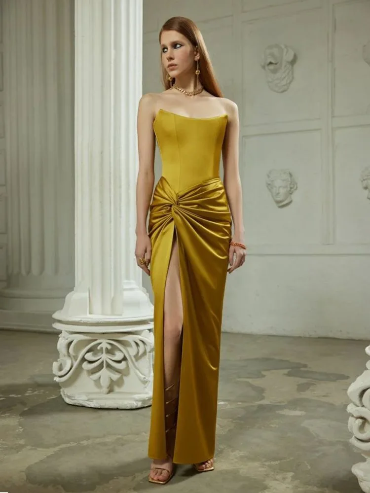 

Sexy Yellow Strapless Crossknock Prom Bodycon Party Dress Sexy Maxi Sleeveless Runway Cocktail Celebrity Evening Prom Dress