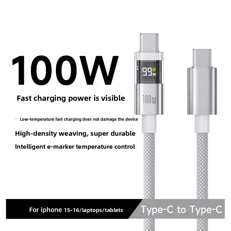 

100W Type C to Type C Fast Charging Cable With LED Digital Display For iPhone15 16 17 Samsung Huawei Charger Data Cord