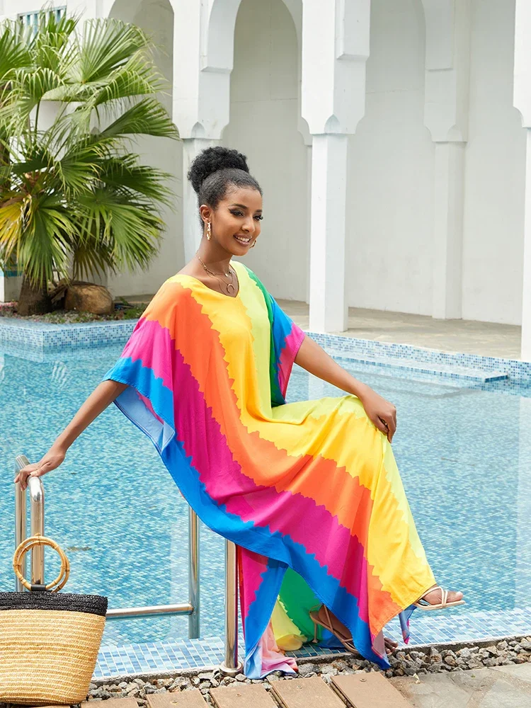 Boho Kaftan Dress for Women Plus size Rayon Robe Rainbow Print Bathing suit Cover up Lightweight Maxi Dress Tunic Beachwear