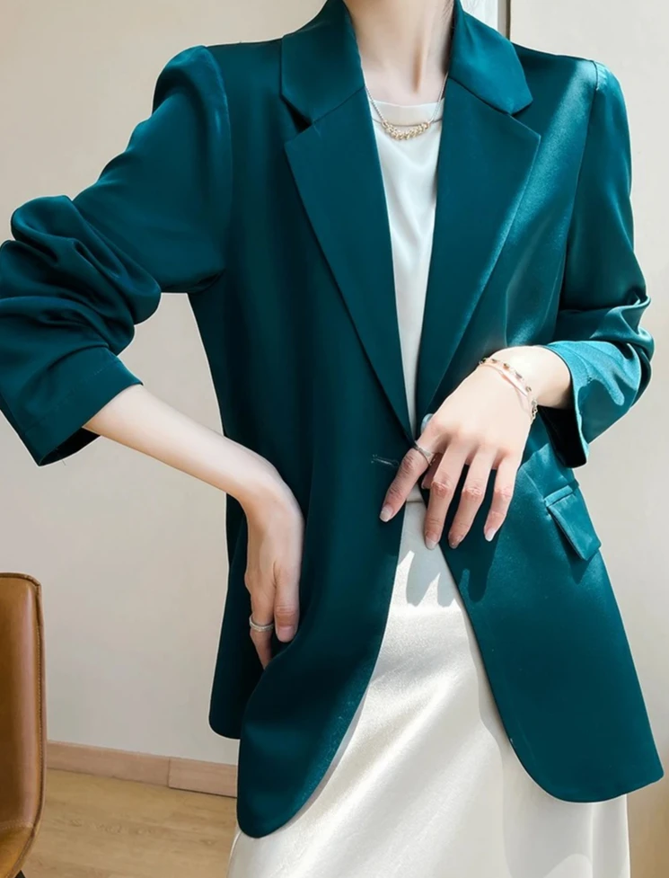 여성 블레이저 봄 여름 신상 패션 한국 실크 새틴 탑 재킷 싱글 버튼 수트 블레이저 아우터웨어