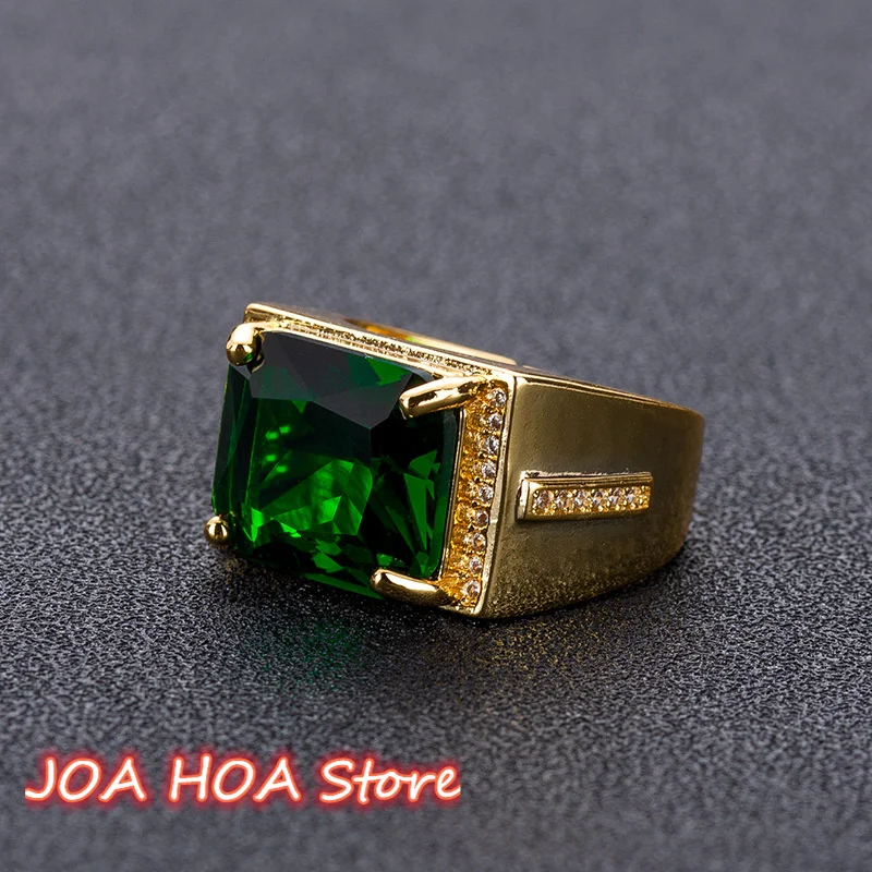 Popular Hot Selling Emerald-Rings Men's Retro Style Square Ethnic Rings Gold Plated Open Handrings Exquisite Jewelry