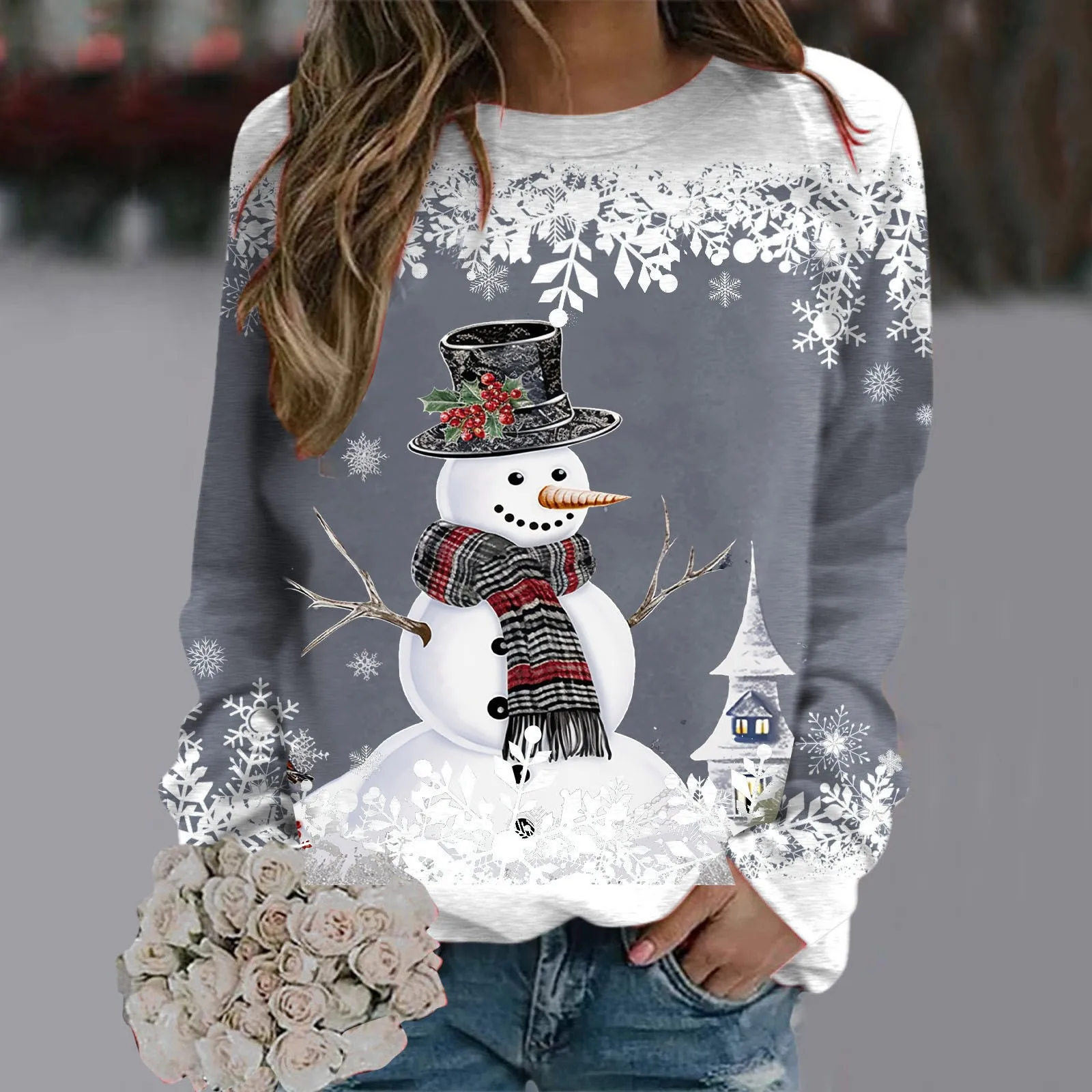 Sweatshirt For Women Christmas Long Sleeve Tops Hoodies Kawaii Snowman Graphic Xmas Shirts Woman Clothing Sudaderas Pull Femme