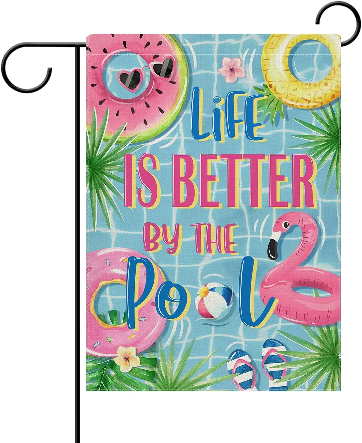 Dyrenson Summer Life is Better by The Pool Decorative Garden Flag, Flamingo Swim Rings Tropical Palm Leaves Yard Outside Hom UUM
