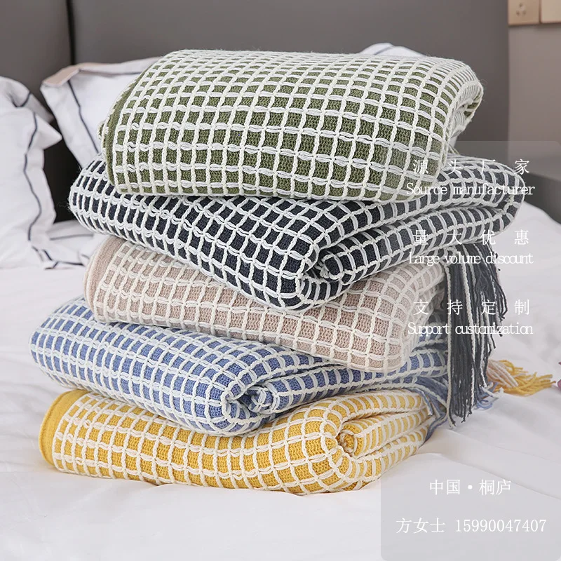 

Four Seasons Waffle Fringed Knitted Blanket Modern Simple Bedside Blankets Air Conditioning Blankets Nap Blanket Sofa Blankets