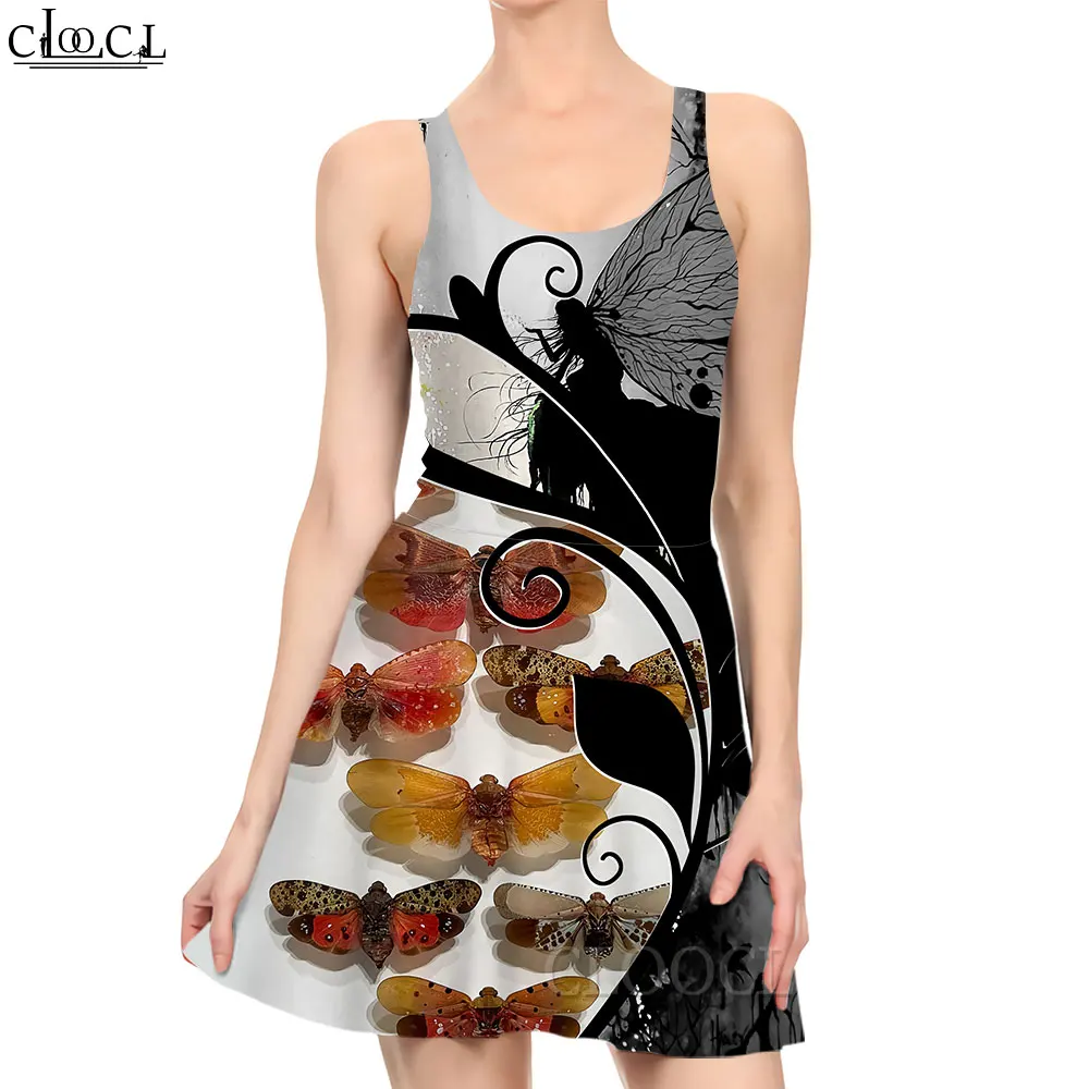 CLOOCL New Women Dress Fantasy Butterfly Pattern 3D Printed Sleeveless Mini Dress Retro Fashion Summer Sexy Slim Beach Dress