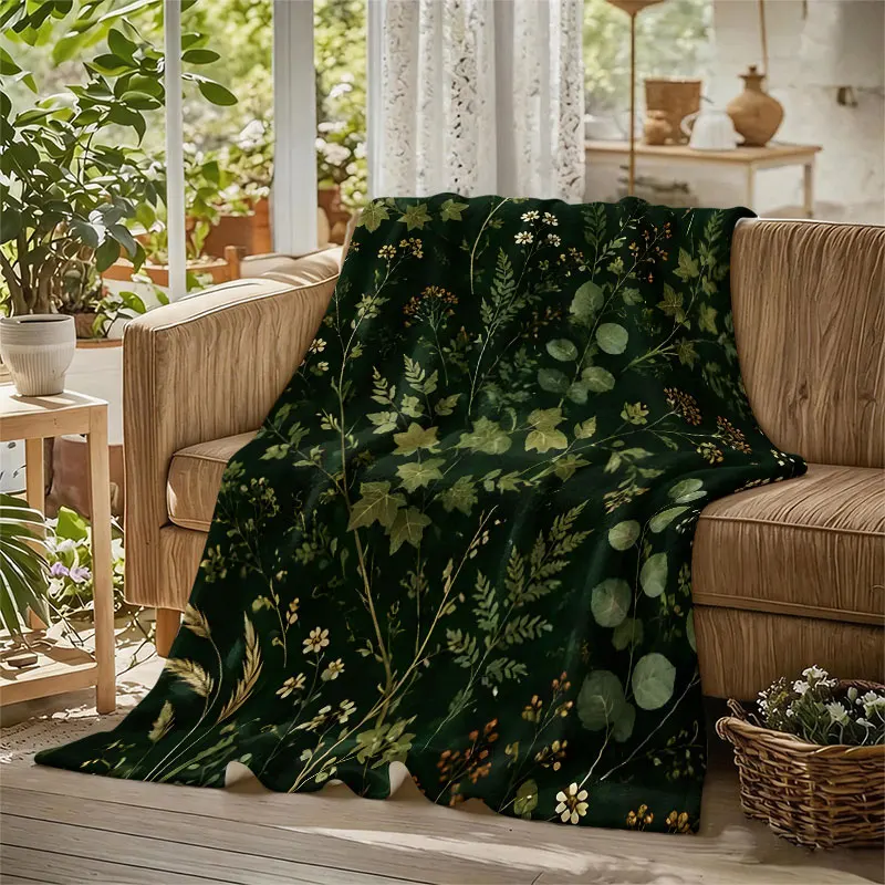 Botanical Herbs Dark Green Flannel Blanket Perfect for Sofa Office Bed Travel Sleep Read Relax Camping Four Season Use