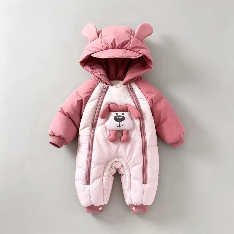 IYEAL Baby Winter Padded Romper with 3D Dog Cartoon, Bear Ear Hooded Zipper Jumpsuit, Thick Warm Infant One Piece Snowsuit