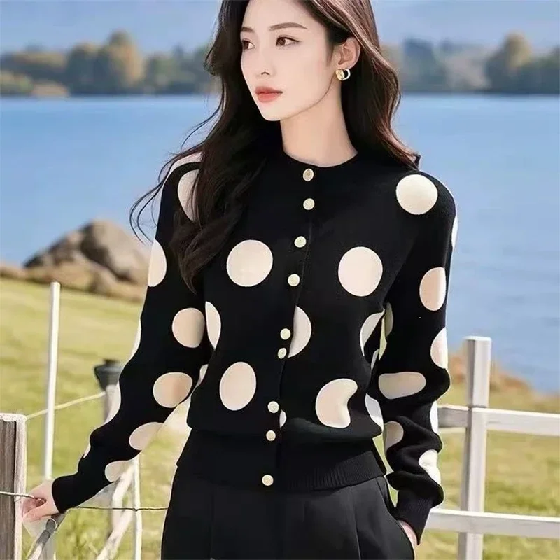 Good-Looking Black Polka Dot Knitted Cardigan Sweater Ladies Knitted Sweaters Korean Style Versatile Autumn Winter Jacket Coat