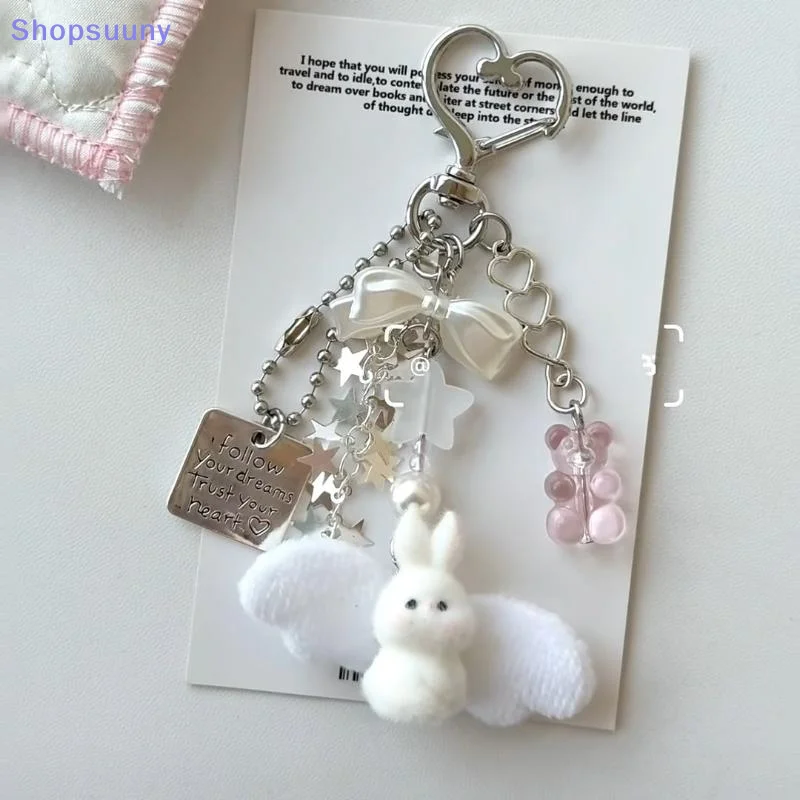 [SU]Cute Angel Bunny Keychain Soft Plush Pendant Bow Star Charms Perfect For Girls Daily Gift Backpack Decor[SU]