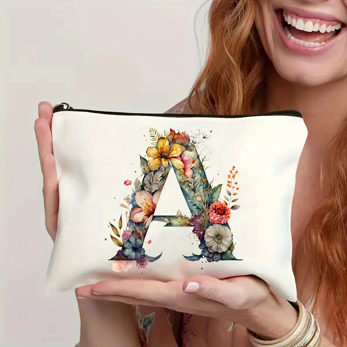 Watercolor Floral Letter Print Makeup Bag Women Korean Japanese Style Cosmetic Pouch Zipper Travel Storage Organizer
